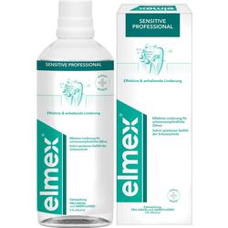 Eine Flasche und Packung Zahnspülung von Elmex für empfindliche Zähne.