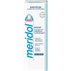 Weiß-blaues Mundspülungs-Produkt mit dem Namen "meridol" gegen Zahnfleischentzündungen.