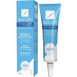 Blaue Tube und Verpackung für Narbenbehandlung mit Kelo-Cote-Logo.
