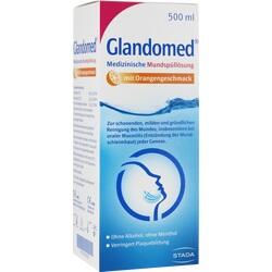 Eine Schachtel Mundspüllösung mit Orangengeschmack von Glandomed.