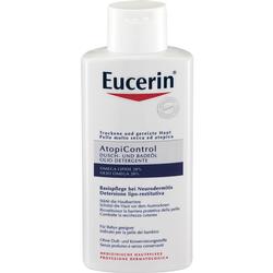 Flasche von Eucerin AtopiControl Dusch- und Badeöl für trockene, gereizte Haut.