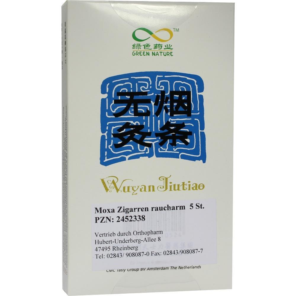 Eine weiße Schachtel mit blauer und grüner Aufschrift auf Chinesisch und Deutsch.